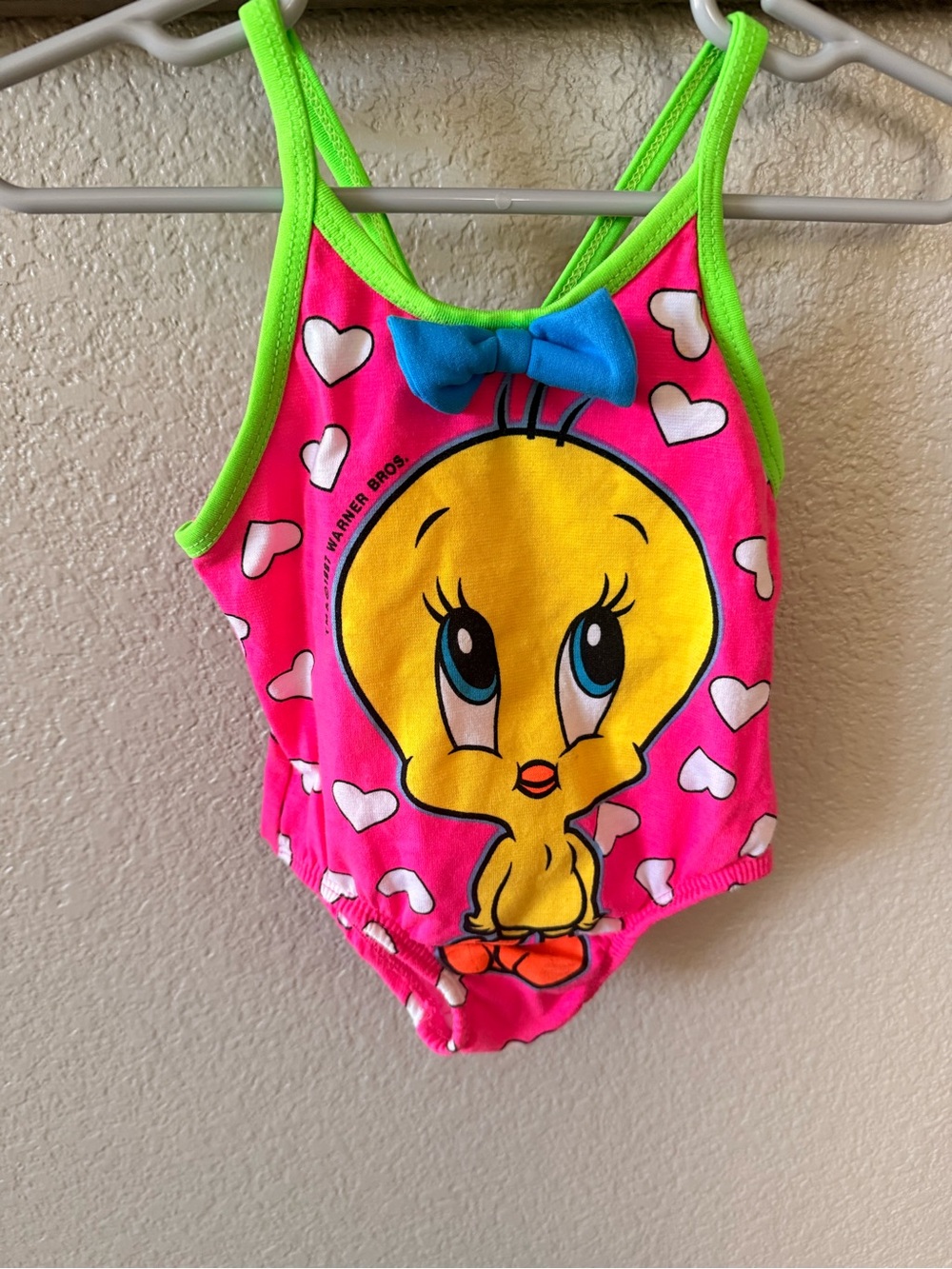Vintage looney tunes Pink Tweety One-Piece Swim with Neon Green Trim